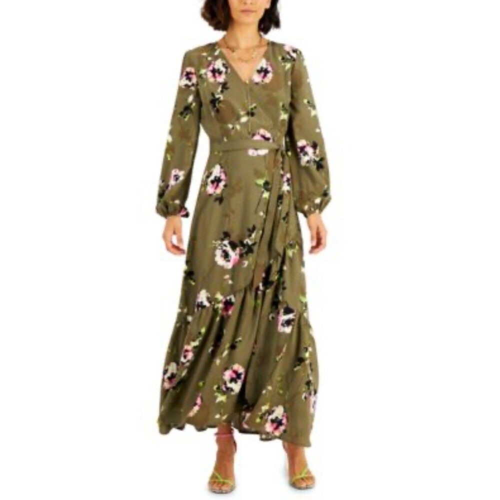 Bar III Floral Belted Wrap Maxi Dress Long Sleeve Olive Green Womens-S